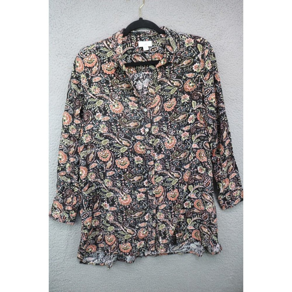 J. Jill Long Sleeve Button Down Tunic Top-Size Small/Petite-Brown Orange Paisley